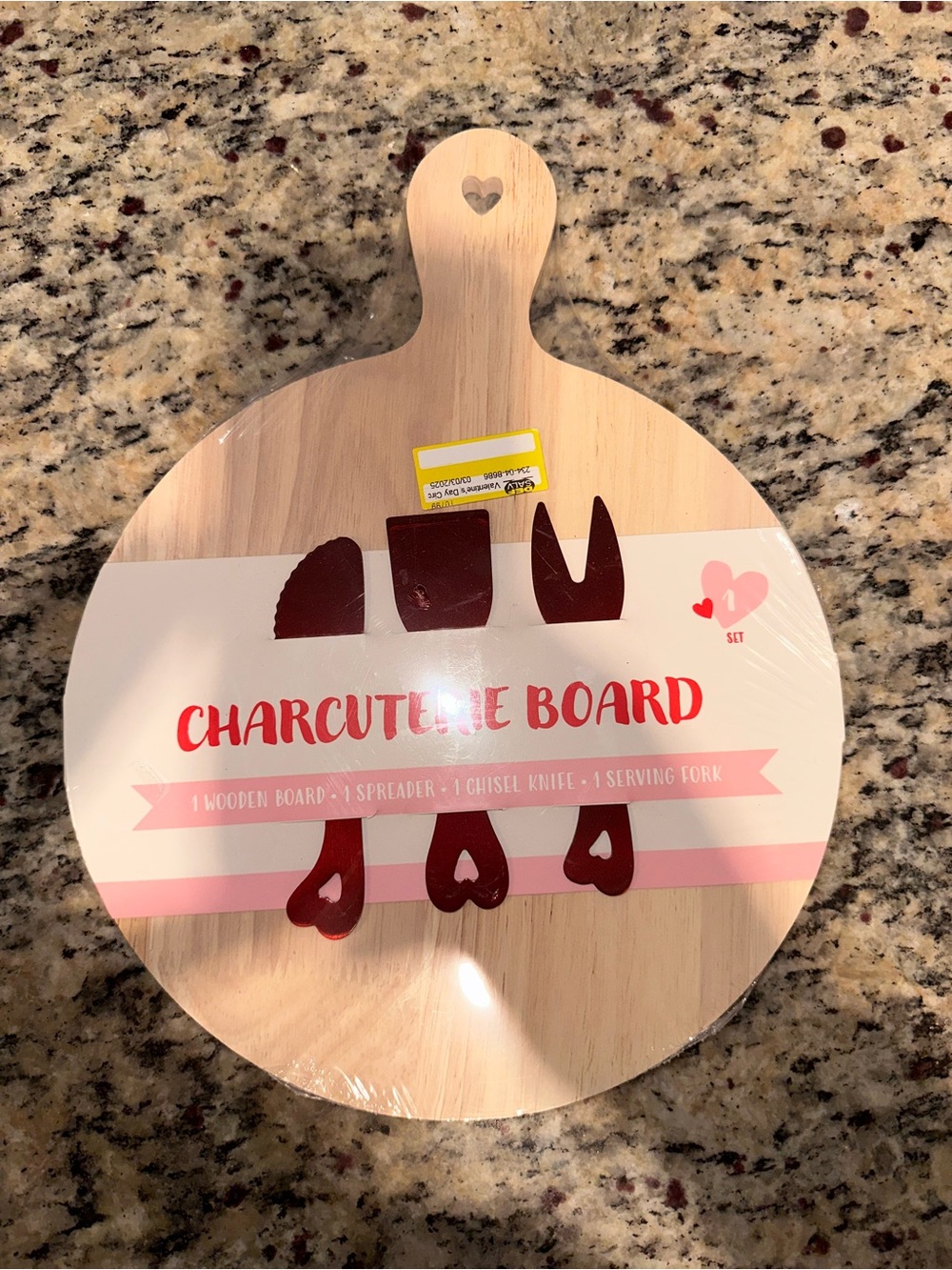 Round Wooden Charcuterie Board with Heart Handle - Natural Wood & Red Accents